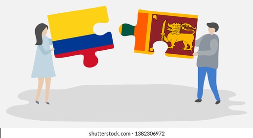 Couple holding two puzzles pieces with Colombian and Sri Lankan flags. Colombia and Sri Lanka national symbols together.