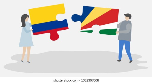 Couple holding two puzzles pieces with Colombian and Seychellois flags. Colombia and Seychelles national symbols together.