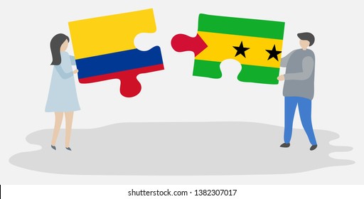 Couple holding two puzzles pieces with Colombian and Sao Tomean flags. Colombia and Sao Tome and Principe national symbols together.