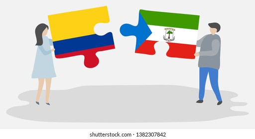Couple holding two puzzles pieces with Colombian and Equatorial Guinean flags. Colombia and Equatorial Guinea national symbols together.