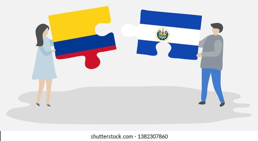 Couple holding two puzzles pieces with Colombian and Salvadoran flags. Colombia and El Salvador national symbols together.