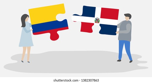 Couple holding two puzzles pieces with Colombian and Dominican flags. Colombia and Dominican Republic national symbols together.