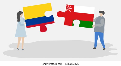 Couple holding two puzzles pieces with Colombian and Omani flags. Colombia and Oman national symbols together.