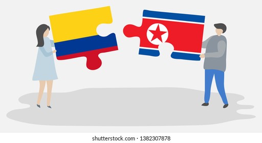 Couple holding two puzzles pieces with Colombian and North Korean flags. Colombia and North Korea national symbols together.