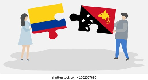 Couple holding two puzzles pieces with Colombian and Papuan flags. Colombia and Papua New Guinea national symbols together.