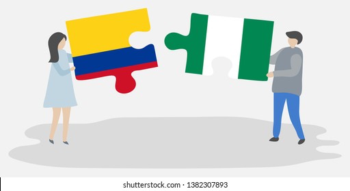 Couple holding two puzzles pieces with Colombian and Nigerian flags. Colombia and Nigeria national symbols together.