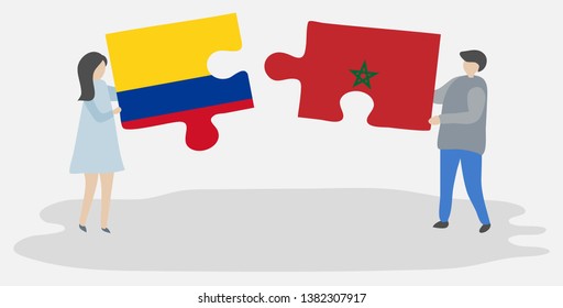 Couple holding two puzzles pieces with Colombian and Moroccan flags. Colombia and Morocco national symbols together.