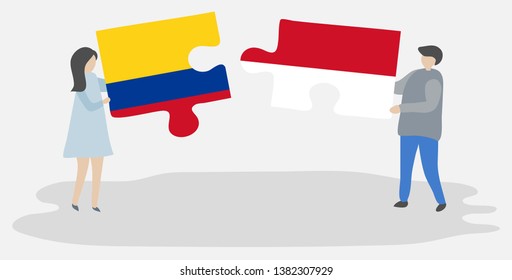Couple holding two puzzles pieces with Colombian and Monegasque flags. Colombia and Monaco national symbols together.