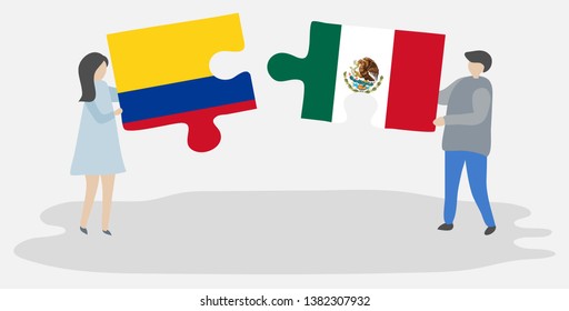 Couple holding two puzzles pieces with Colombian and Mexican flags. Colombia and Mexico national symbols together.
