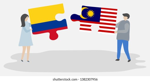 Couple holding two puzzles pieces with Colombian and Malaysian flags. Colombia and Malaysia national symbols together.