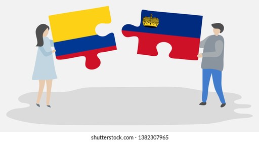 Couple holding two puzzles pieces with Colombian and Liechtenstein flags. Colombia and Liechtenstein national symbols together.