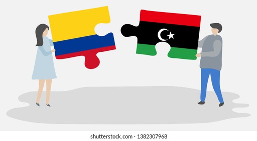 Couple holding two puzzles pieces with Colombian and Libyan flags. Colombia and Libya national symbols together.