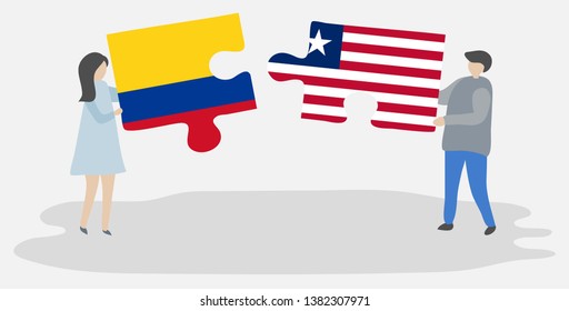 Couple holding two puzzles pieces with Colombian and Liberian flags. Colombia and Liberia national symbols together.