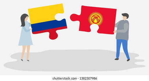 Couple holding two puzzles pieces with Colombian and Kirgiz flags. Colombia and Kyrgyzstan national symbols together.