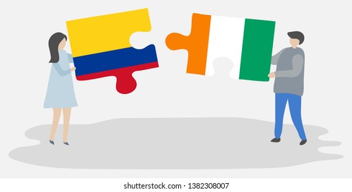 Couple holding two puzzles pieces with Colombian and Ivorian flags. Colombia and Ivory Coast national symbols together.