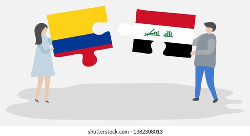 Couple holding two puzzles pieces with Colombian and Iraqi flags. Colombia and Iraq national symbols together.