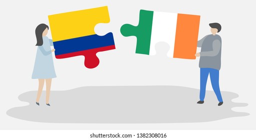 Couple holding two puzzles pieces with Colombian and Irish flags. Colombia and Ireland national symbols together.