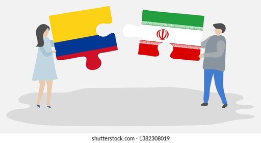 Couple holding two puzzles pieces with Colombian and Iranian flags. Colombia and Iran national symbols together.