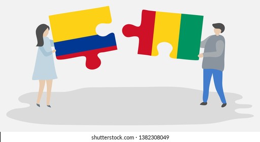 Couple holding two puzzles pieces with Colombian and Guinean flags. Colombia and Guinea national symbols together.