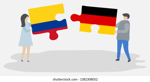 Couple holding two puzzles pieces with Colombian and German flags. Colombia and Germany national symbols together.
