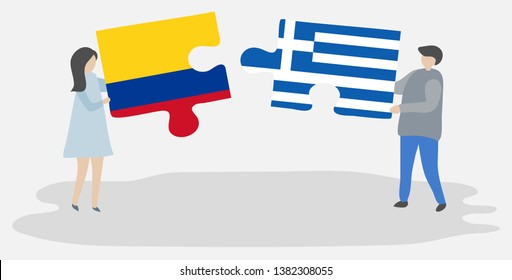 Couple holding two puzzles pieces with Colombian and Greek flags. Colombia and Greece national symbols together.