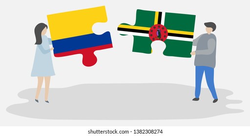Couple holding two puzzles pieces with Colombian and Dominican flags. Colombia and Dominica national symbols together.
