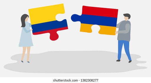 Couple holding two puzzles pieces with Colombian and Armenian flags. Colombia and Armenia national symbols together.