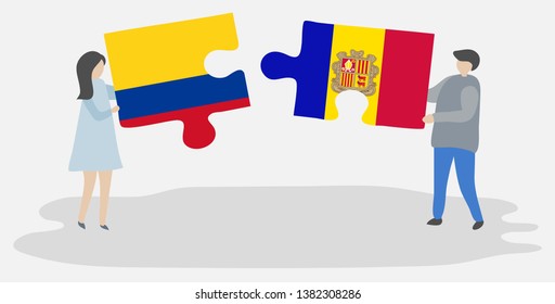 Couple holding two puzzles pieces with Colombian and Andorran flags. Colombia and Andorra national symbols together.