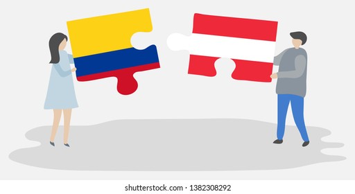 Couple holding two puzzles pieces with Colombian and Austrian flags. Colombia and Austria national symbols together.
