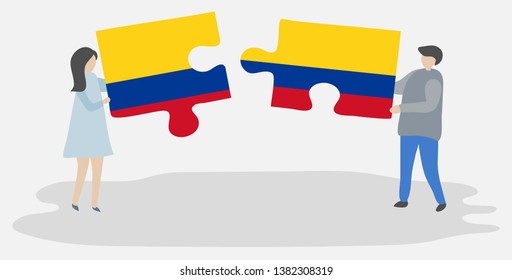 Couple holding two puzzles pieces with Colombian and Colombian flags. Colombia and Colombia national symbols together.