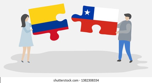 Couple holding two puzzles pieces with Colombian and Chilean flags. Colombia and Chile national symbols together.