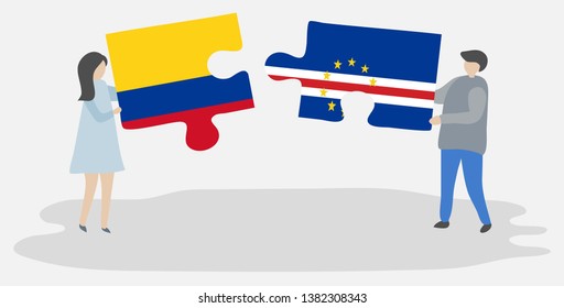 Couple holding two puzzles pieces with Colombian and Cabo Verdean flags. Colombia and Cape Verde national symbols together.
