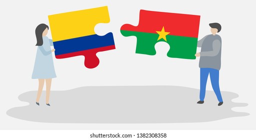 Couple holding two puzzles pieces with Colombian and Burkinabe flags. Colombia and Burkina Faso national symbols together.
