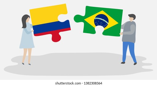 Couple holding two puzzles pieces with Colombian and Brazilian flags. Colombia and Brazil national symbols together.