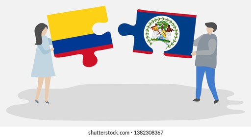 Couple holding two puzzles pieces with Colombian and Belizean flags. Colombia and Belize national symbols together.