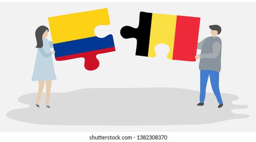 Couple holding two puzzles pieces with Colombian and Belgian flags. Colombia and Belgium national symbols together.