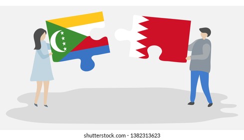 Couple holding two puzzles pieces with Comoran and Bahraini flags. Comoros and Bahrain national symbols together.
