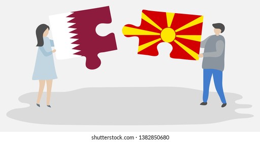 Couple holding two puzzles pieces with Qatari and Macedonian flags. Qatar and Macedonia national symbols together.