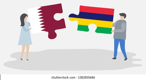 Couple holding two puzzles pieces with Qatari and Mauritian flags. Qatar and Mauritius national symbols together.