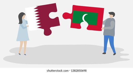 Couple holding two puzzles pieces with Qatari and Maldivian flags. Qatar and Maldives national symbols together.