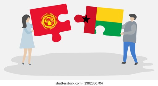 Couple holding two puzzles pieces with Kirgiz and Bissau-Guinean flags. Kyrgyzstan and Guinea-Bissau national symbols together.