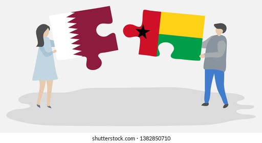 Couple holding two puzzles pieces with Qatari and Bissau-Guinean flags. Qatar and Guinea-Bissau national symbols together.