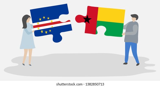 Couple holding two puzzles pieces with Cabo Verdean and Bissau-Guinean flags. Cape Verde and Guinea-Bissau national symbols together.