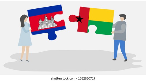 Couple holding two puzzles pieces with Cambodian and Bissau-Guinean flags. Cambodia and Guinea-Bissau national symbols together.