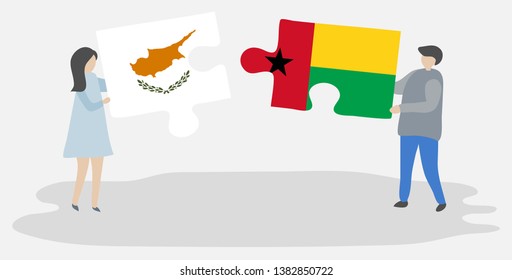Couple holding two puzzles pieces with Cypriot and Bissau-Guinean flags. Cyprus and Guinea-Bissau national symbols together.