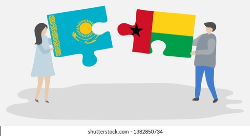 Couple holding two puzzles pieces with Kazakh and Bissau-Guinean flags. Kazakhstan and Guinea-Bissau national symbols together.