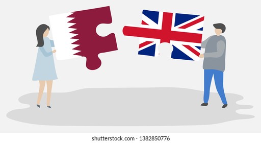 Couple holding two puzzles pieces with Qatari and British flags. Qatar and United Kingdom national symbols together.