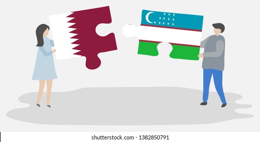 Couple holding two puzzles pieces with Qatari and Uzbek flags. Qatar and Uzbekistan national symbols together.