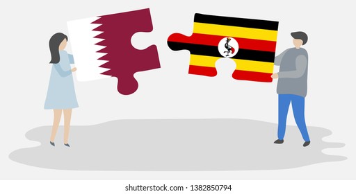 Couple holding two puzzles pieces with Qatari and Ugandan flags. Qatar and Uganda national symbols together.