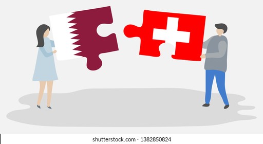 Couple holding two puzzles pieces with Qatari and Swiss flags. Qatar and Switzerland national symbols together.